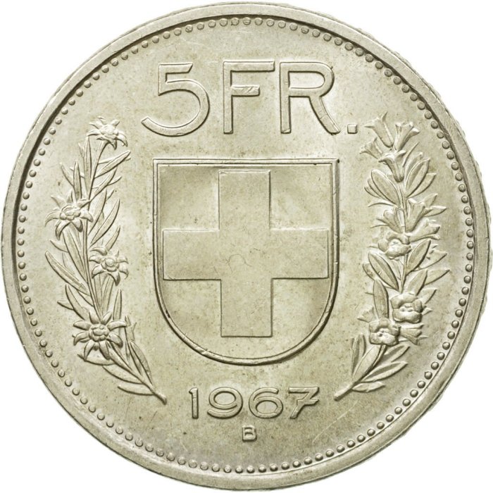 200pcs/lot Switzerland 1967 (Confederation) 5Francs（5Franken）Nickel Copy Coin(31.45mm)