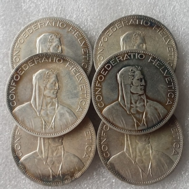 A Set Of（1922-1928）6pcs Switzerland (Confederation) 5Francs（5Franken）Copy Coin(37mm)