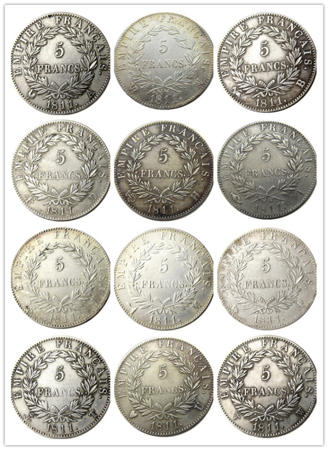 France 5 Francs 1811A-T 12pcs Different Mintmark Silver Plated Copy Coins