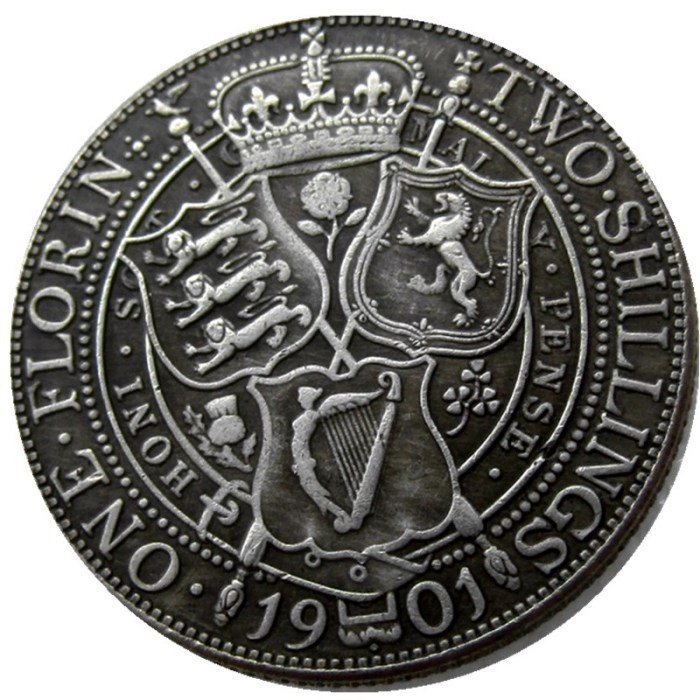 Full Set (1893-1901) 9pcs Queen Victoria Great Britain Silver 1 Florin Silver Plated Copy Coins