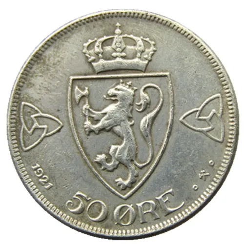 Norway 50 Øre - Haakon VII Year 1921 Silver-Plated Coin COPY