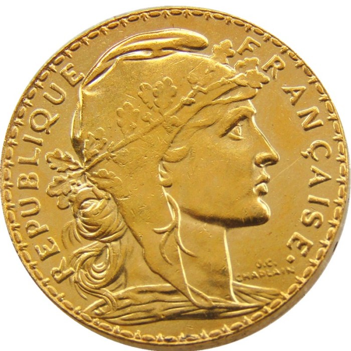 France 1909 20 Francs Rooster Gold Plated Copy Coin