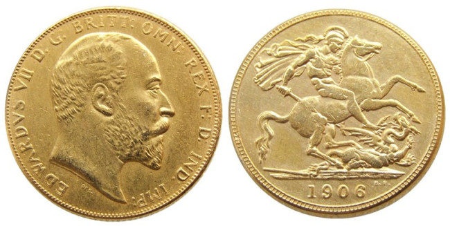 RARE UK 1906 KING EDWARD VII MATT PROOF GOLD PLATED 1 SOVEREIGN (1LSD) COPY COINS