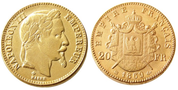 France Napoleon 20 France 1869B Gold Plated Copy Coin