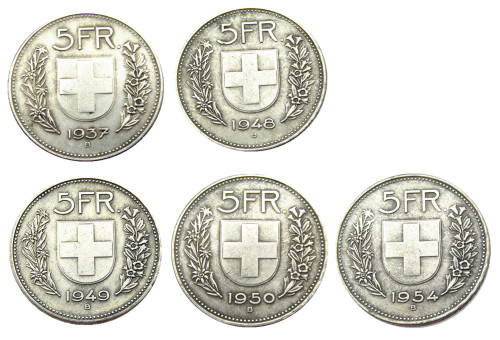 Hobo A Set Of(1937-1954)5pcs Switzerland (Confederation) 5Francs（5Franken）Silver Plated Copy Coin(31.45mm)