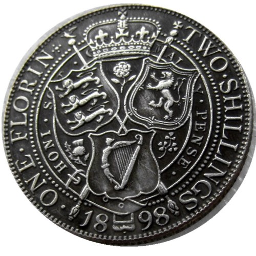 UK 1898 Queen Victoria Great Britain Silver 1 Florin Silver Plated Copy Coins