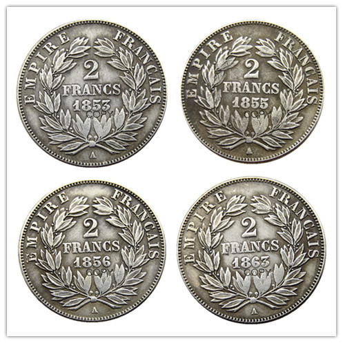 France A set of(1853-1863A)4pcs 2Francs Silver Plated Copy Coins