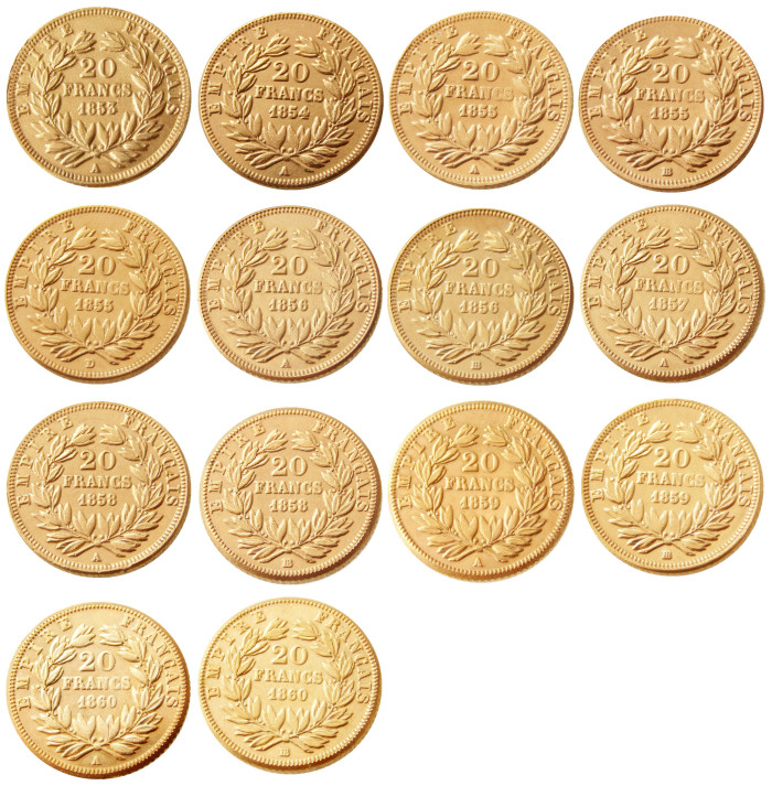 France Napoleon (1853-1860) AB 14PCS 20 Francs Gold Plated Copy Coin