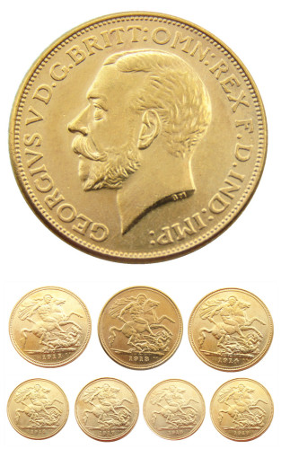 United Kingdom 1 Sovereign A set of (1911- 1919) 7pcs Gold Plated Copy Coins