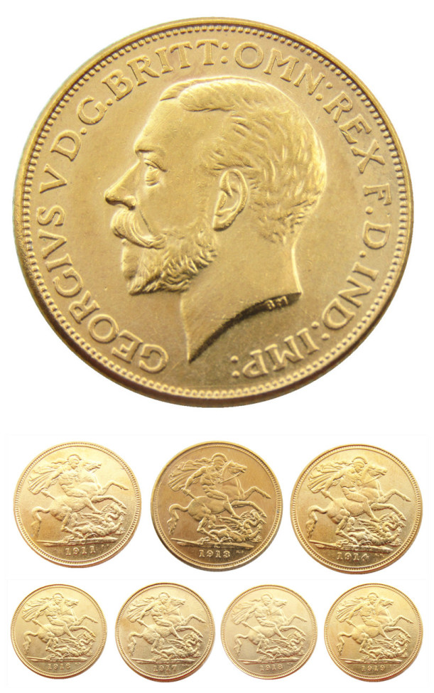 United Kingdom 1 Sovereign A set of (1911- 1919) 7pcs Gold Plated Copy Coins