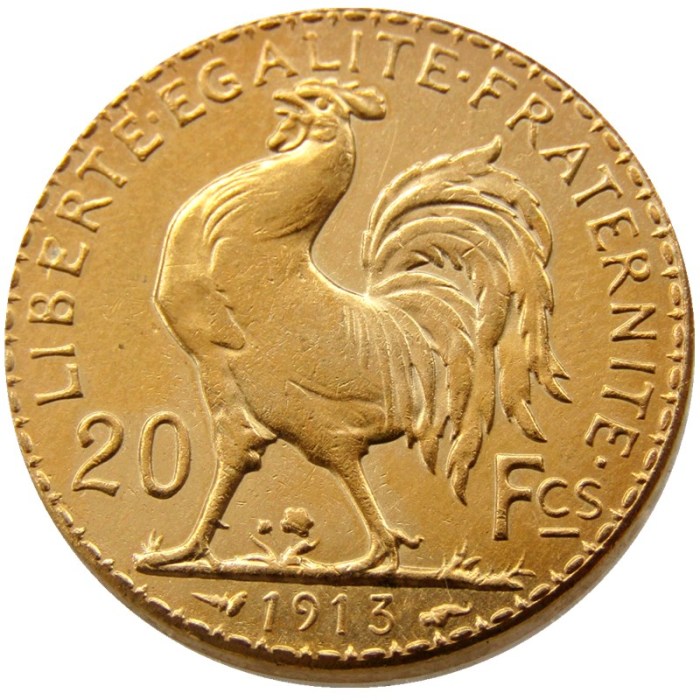 France 1913 20 Francs Rooster Gold Plated Copy Coin