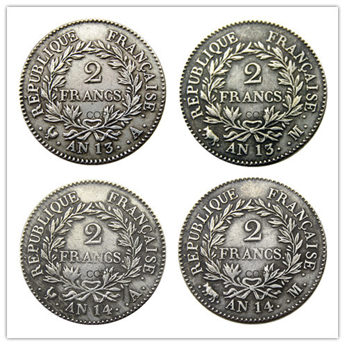 France A Set Of(AN13 A M AN14 A M) 4pcs 2Francs Silver Plated Copy Coins