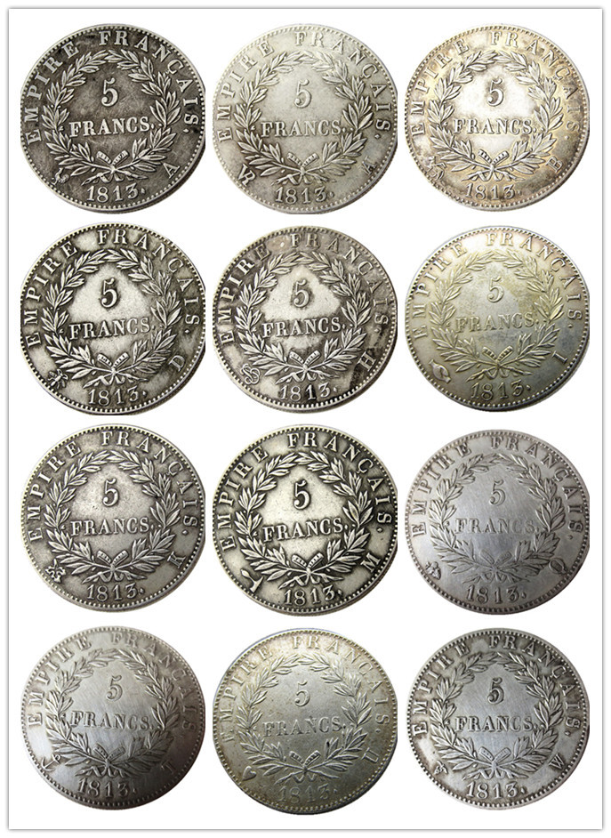 France 5 Francs 1809-1814 A-U 65pcs Different Mintmark Silver Plated Copy Coins
