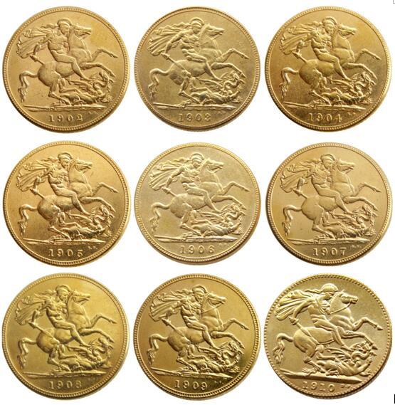 UK RARE A Set OF(1902-1910) 9PCS KING EDWARD VII MATT PROOF GOLD PLATED 1 SOVEREIGN (1LSD) COPY COINS