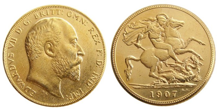 RARE UK 1907 KING EDWARD VII MATT PROOF GOLD PLATED 1 SOVEREIGN (1LSD) COPY COINS