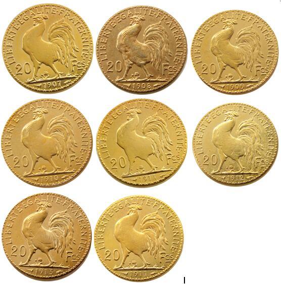 France A Set Of(1907-1914) 8pcs 20 Francs Rooster Gold Plated Copy Coin