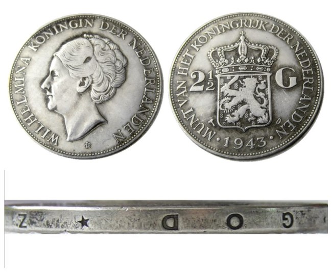 Netherlands 2 1/2 Gulden 1943 Wilhelmina Silver Plated Copy Coin