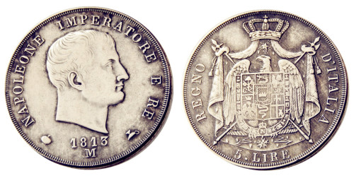 ITALIAN STATES, KINGDOM OF NAPOLEON, Napoleon I, 5 Lire, 1813M Silver Plated Copy Coin