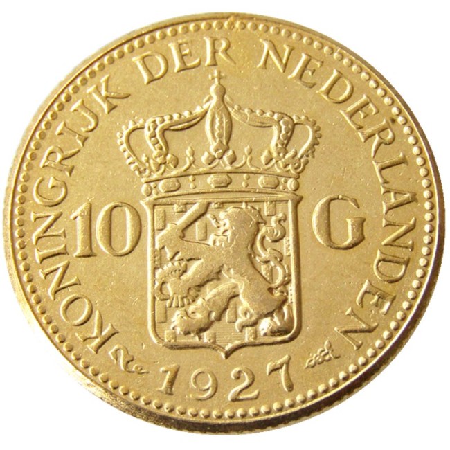 Netherlands 1927 Wilhelmina I, 10 Gulden Gold Plated Copy Coin