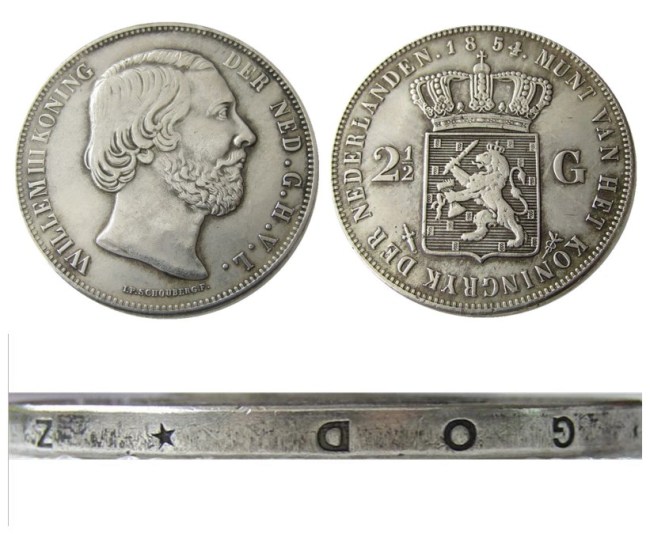Netherlands 2 1/2 Gulden 1854 Willem lll Silver Plated Copy Decorative Coin