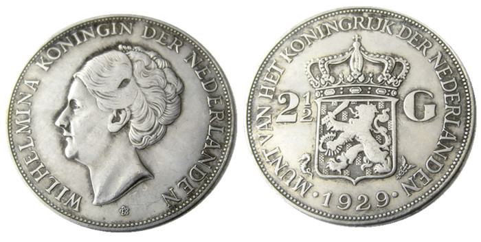 Netherlands 2 1/2 Gulden 1929 Wilhelmina Silver Plated Copy Coin