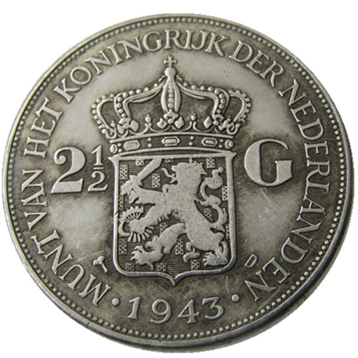 Netherlands 2 1/2 Gulden 1943 Wilhelmina Silver Plated Copy Coin