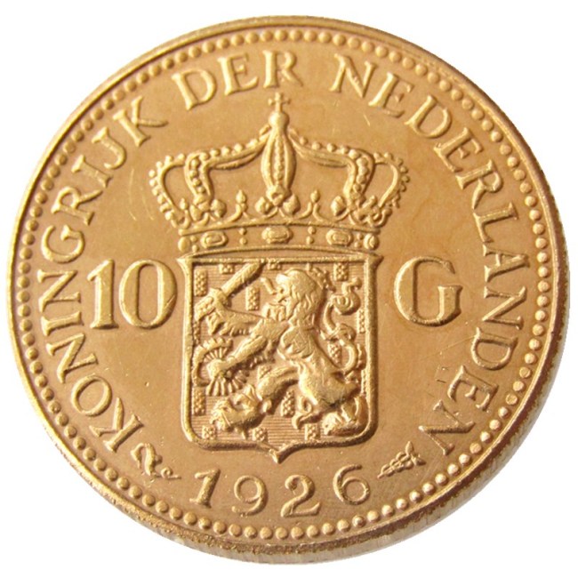 Netherlands 1926 Wilhelmina I, 10 Gulden Gold Plated Copy Coin
