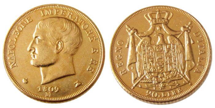 ITALIAN STATES, KINGDOM OF NAPOLEON, Napoleon I, 40 Lire, 1809M Gold Plated Copy Coin