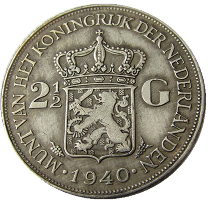 Netherlands 2 1/2 Gulden 1940 Wilhelmina Silver Plated Copy Coin