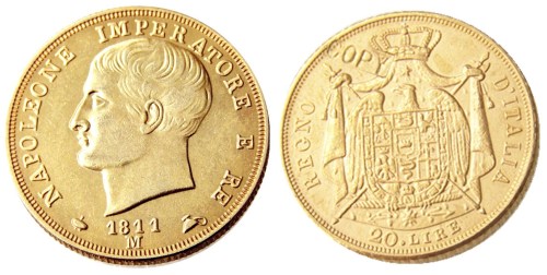 ITALIAN STATES, KINGDOM OF NAPOLEON, Napoleon I, 20 Lire, 1811M Gold Plated Copy Coin