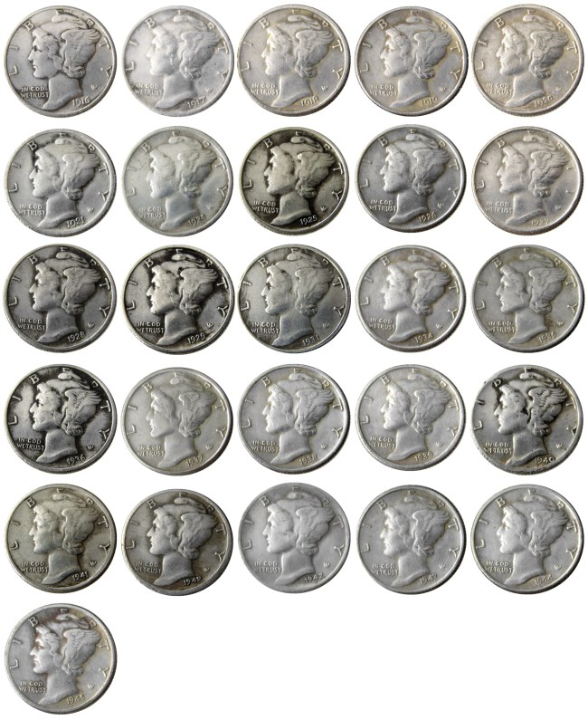 US 1916-1945 D 26PCS Mercury Head Ten Cents(Dimes) Silver Plated Copy Coin