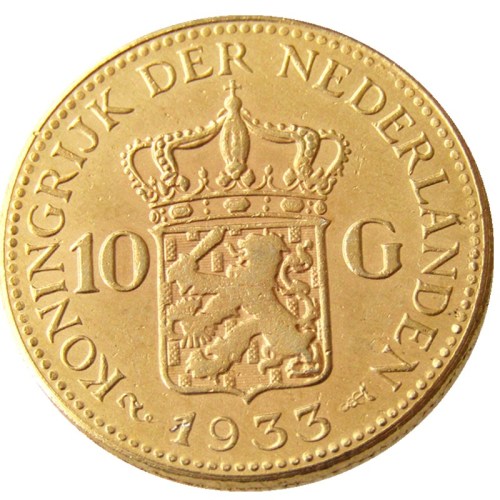 Netherlands 1933 Wilhelmina I, 10 Gulden Gold Plated Copy Coin