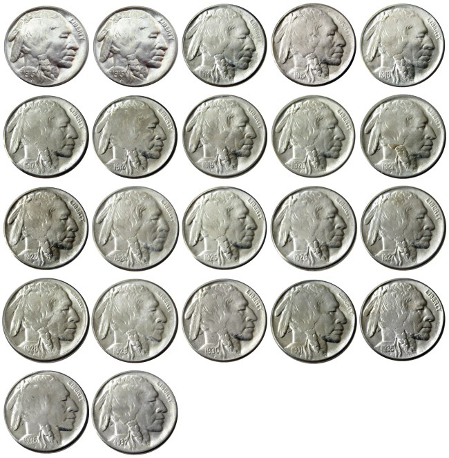 US A set of(1913-1938)S 22pcs Buffalo Nickel Five Cents Copy Coin