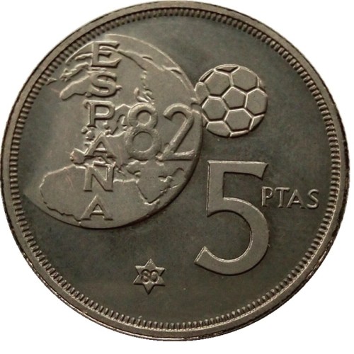 Spain 5 Pesetas Error Mundial 82 - 1975 80 Km Nickel Plated Copy coin