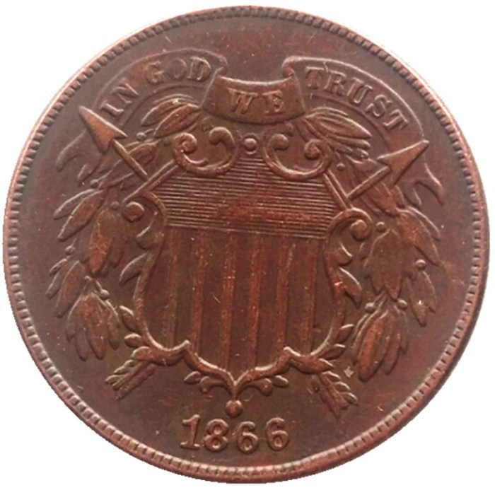 US 1866 Two Cents 100% Copper Copy Coin