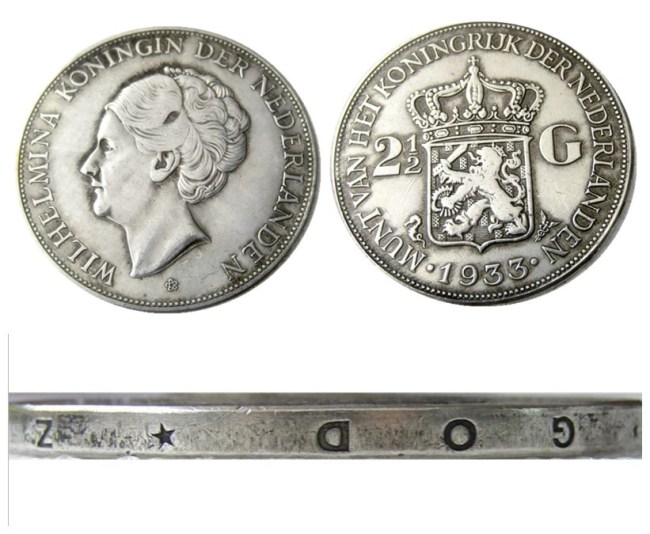 Netherlands 2 1/2 Gulden 1933 Wilhelmina Silver Plated Copy Coin