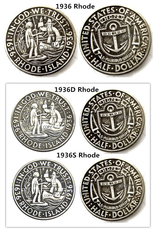 USA 1936 P-S-D 50C Rhode Island Commemorative Half Dollars Silver Plated Copy Coins
