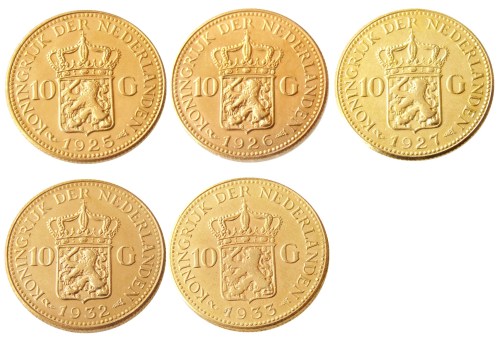Netherlands, A Set Of(1925-1933) 5pcs Wilhelmina I, 10 Gulden Gold Plated Copy Coin