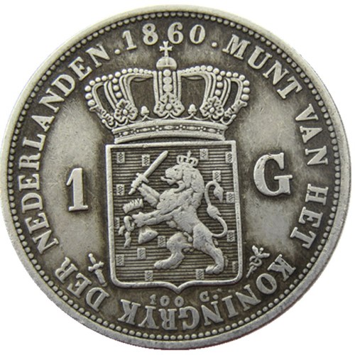 Netherlands,1860 1G Gulden Willem lll Silver Plated Copy Coin