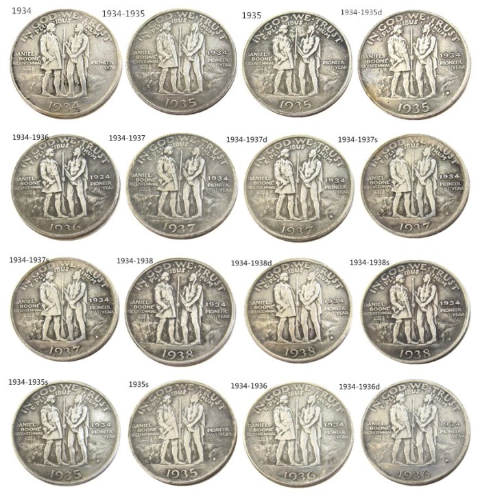 A Set Of(1934-1938)PSD Danial 16PCS Half Dollar Commemorative Silver Plated Copy Coin