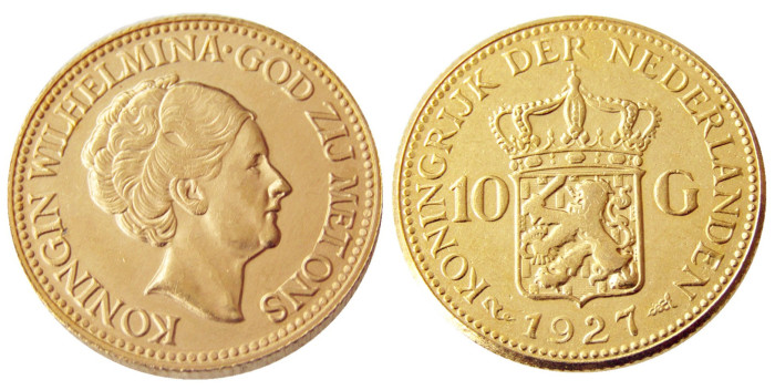 Netherlands 1927 Wilhelmina I, 10 Gulden Gold Plated Copy Coin
