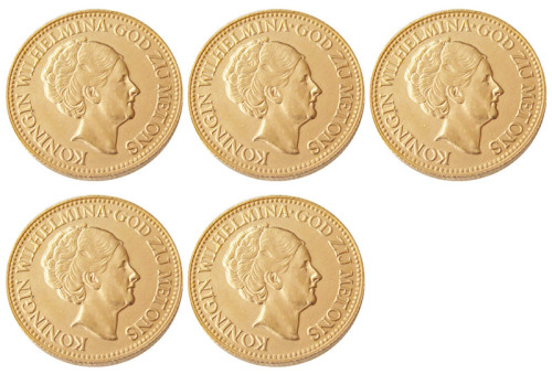 Netherlands, A Set Of(1925-1933) 5pcs Wilhelmina I, 10 Gulden Gold Plated Copy Coin