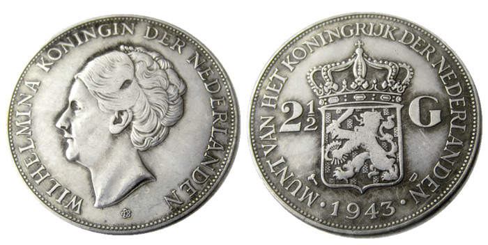Netherlands 2 1/2 Gulden 1943 Wilhelmina Silver Plated Copy Coin
