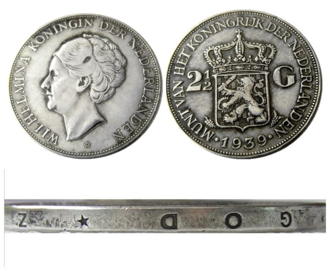 Netherlands 2 1/2 Gulden 1939 Wilhelmina Silver Plated Copy Coin