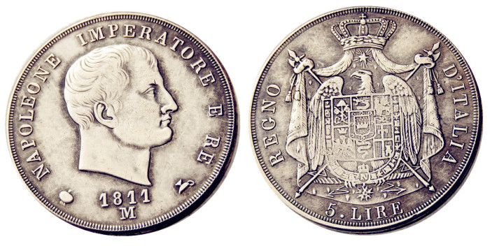ITALIAN STATES, KINGDOM OF NAPOLEON, Napoleon I, 5 Lire, 1811M Silver Plated Copy Coin