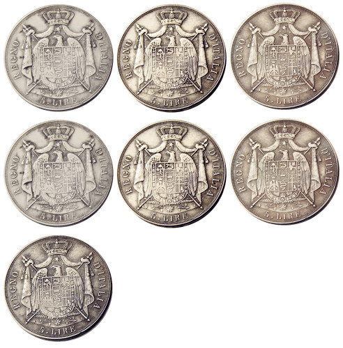 ITALIAN STATES, KINGDOM OF NAPOLEON, Napoleon I, 5 Lire, 1808m-1813m 7pcs Silver Plated Copy Coin