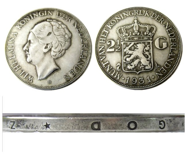Netherlands 2 1/2 Gulden 1931 Wilhelmina Silver Plated Copy Coin