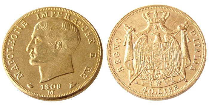 ITALIAN STATES, KINGDOM OF NAPOLEON, Napoleon I, 40 Lire, 1808M Gold Plated Copy Coin