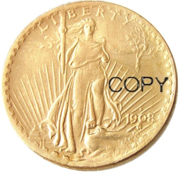 US 1908S SAINT GAUDENS $20 GOLD DOLLAR Gold Plated Coin Copy