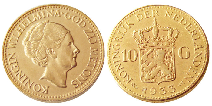 Netherlands 1933 Wilhelmina I, 10 Gulden Gold Plated Copy Coin